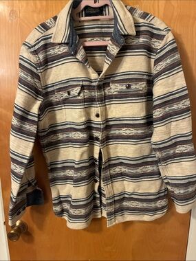 Pendleton Cream, Navy & Brown Striped Wool Shirt Jacket Sz M
